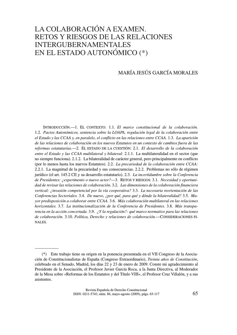 La colaboracion a examen, retos y riesgos de las relaciones intergubernamentales en el estado autonomico